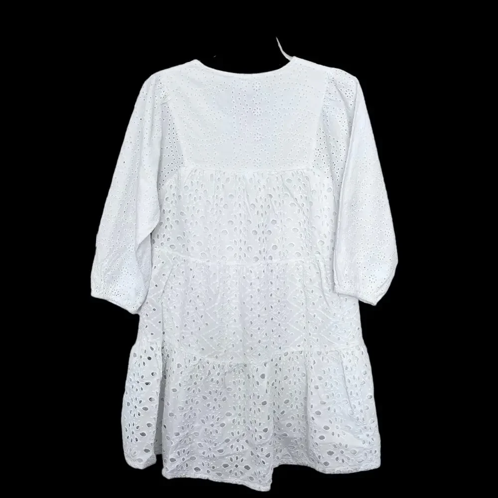 Zara Girls White Eyelet Embroidered Dress V Neck Long Sleeve Cottagecore 6